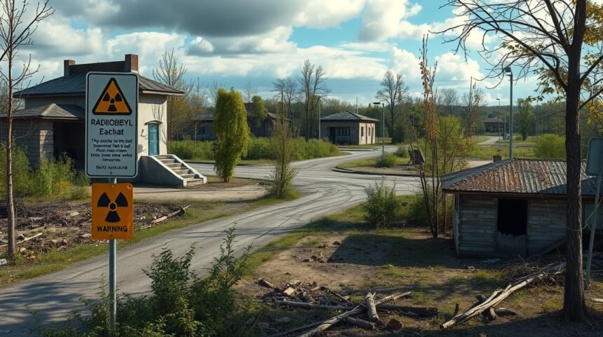 Csernobili terület, sugárzásra figyelmeztető táblákkal.