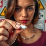 Nő Kamagra tablettát tart a kezében, figyelmeztető táblák háttérrel.