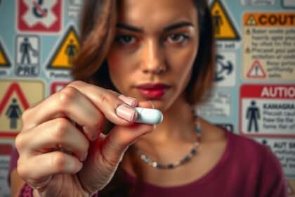 Nő Kamagra tablettát tart a kezében, figyelmeztető táblák háttérrel.