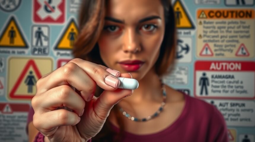 Nő Kamagra tablettát tart a kezében, figyelmeztető táblák háttérrel.