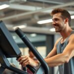 Egy férfi elliptikus tréneren edz a tornateremben.