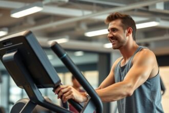 Egy férfi elliptikus tréneren edz a tornateremben.