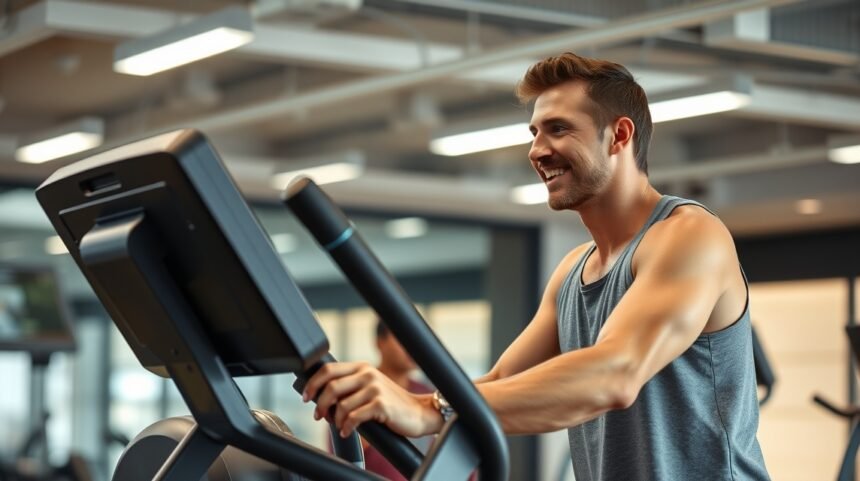 Egy férfi elliptikus tréneren edz a tornateremben.