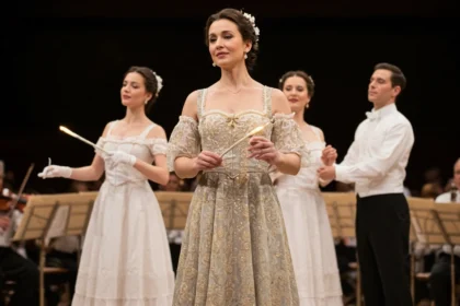 Színházi előadás női főszereplője varázslatos ruhában