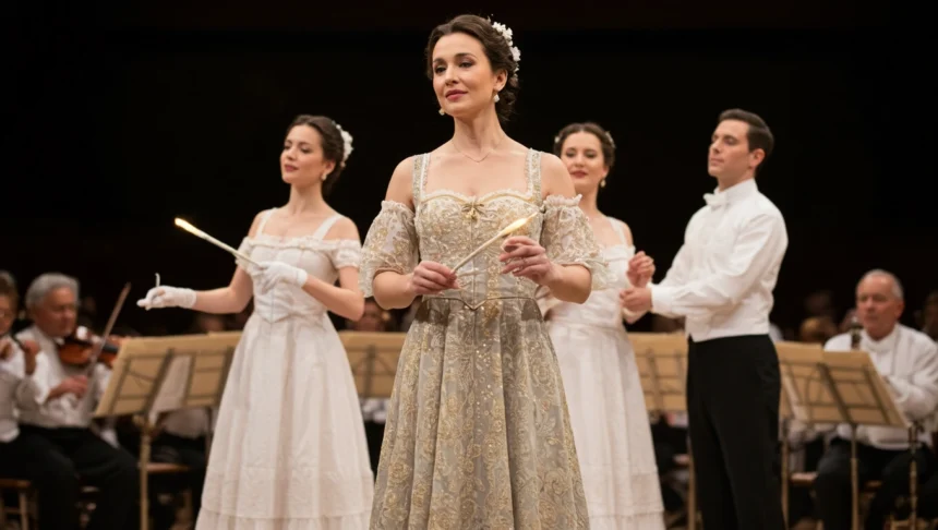 Színházi előadás női főszereplője varázslatos ruhában