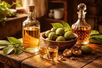 Zöld vagy érett dióból készült pálinka üvegével díszített asztalon közelről