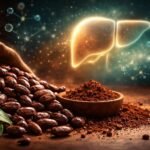 Csokoládé kakaó, máj egészségét szimbolizáló kép antioxidánsokkal díszített háttérrel, zöld növényi motívumokkal.