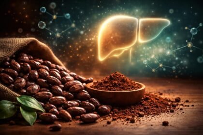 Csokoládé kakaó, máj egészségét szimbolizáló kép antioxidánsokkal díszített háttérrel, zöld növényi motívumokkal.