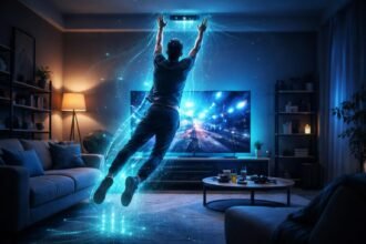 Kinect szenzorral játszó személy mozgását és gesztusait követő játékos a szobában