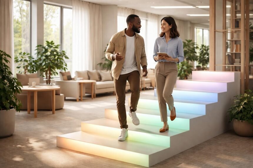 Coaching ülést folytató coach és kliens tudatos fejlődésre összpontosító beszélgetése közben