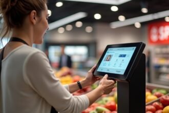 Önkiszolgáló kassza használata a SPAR üzletben friss gyümölcsök között.