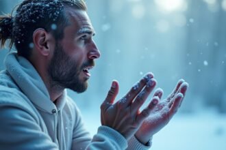 Férfi hidegben, a hóesés közepette, hideg hatásokat tapasztalva.
