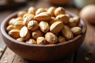 Brazil dió csonthéjas egy fából készült tálban, egészségtudatos táplálkozás társ.