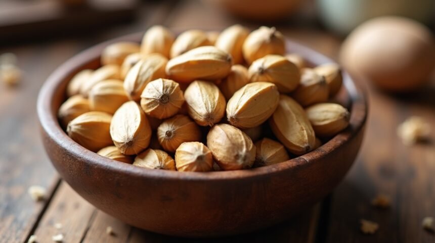 Brazil dió csonthéjas egy fából készült tálban, egészségtudatos táplálkozás társ.