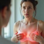 Nő, aki daganatos betegségekre utaló jeleket vizsgál a tükörben.