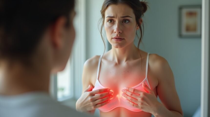 Nő, aki daganatos betegségekre utaló jeleket vizsgál a tükörben.