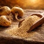 Maca gyökér por textúrája és árnyalata egy kanál mellett egy tálban