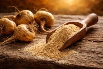 Maca gyökér por textúrája és árnyalata egy kanál mellett egy tálban