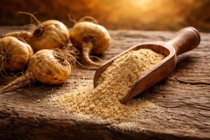 Maca gyökér por textúrája és árnyalata egy kanál mellett egy tálban