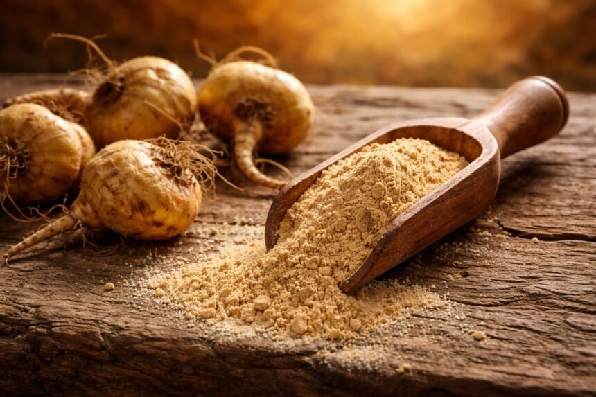 Maca gyökér por textúrája és árnyalata egy kanál mellett egy tálban