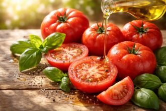 Friss paradicsomok a tányéron, ropogós saláta és a bélflóra egészségét hangsúlyozó vizuális üzenet