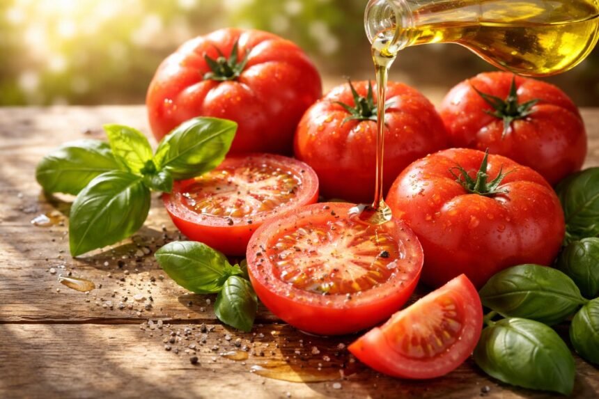 Friss paradicsomok a tányéron, ropogós saláta és a bélflóra egészségét hangsúlyozó vizuális üzenet