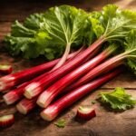 Friss piros rebarbara szárak, zöld levelek és egy tálban elrendezett darabok.