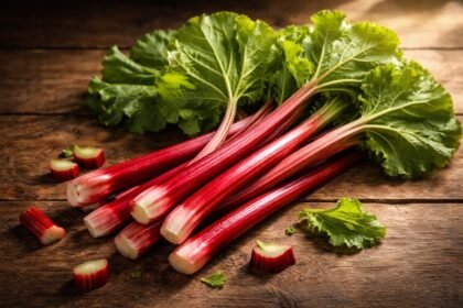 Friss piros rebarbara szárak, zöld levelek és egy tálban elrendezett darabok.