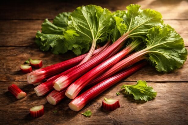 Friss piros rebarbara szárak, zöld levelek és egy tálban elrendezett darabok.